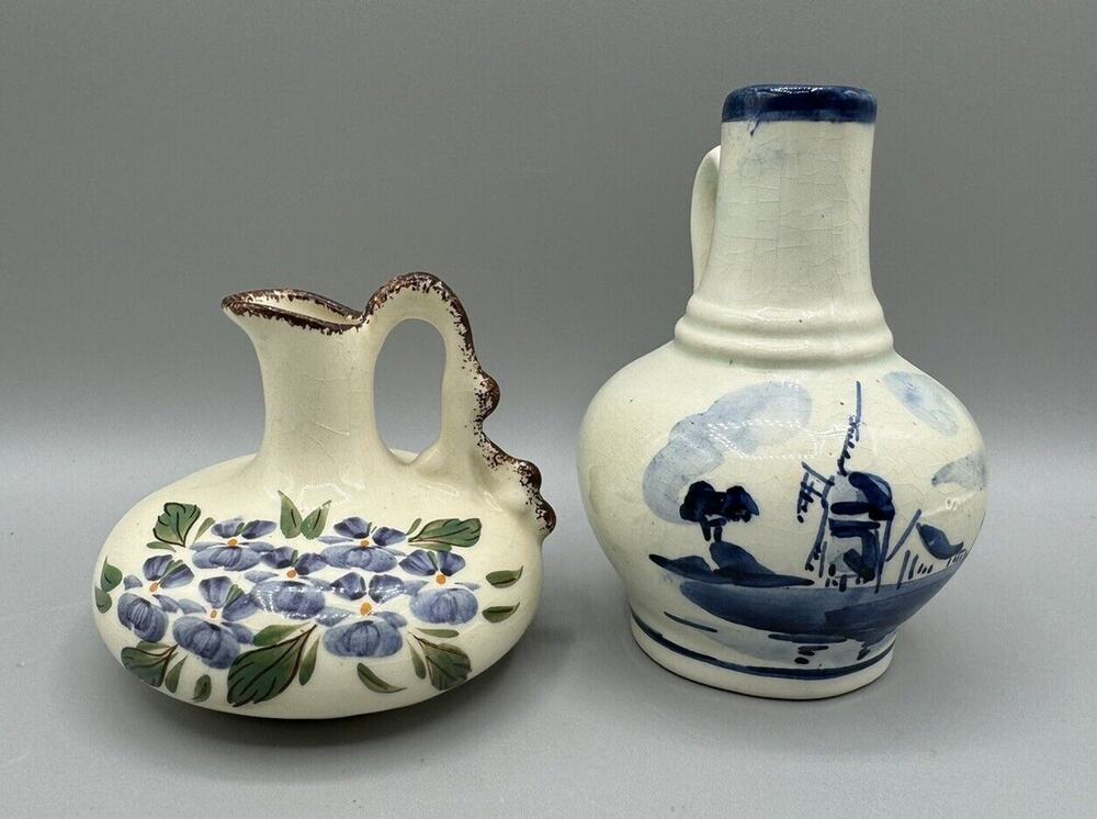 2pc Lot Asheville Pottery and Delft Mini Pitcher Art Pottery